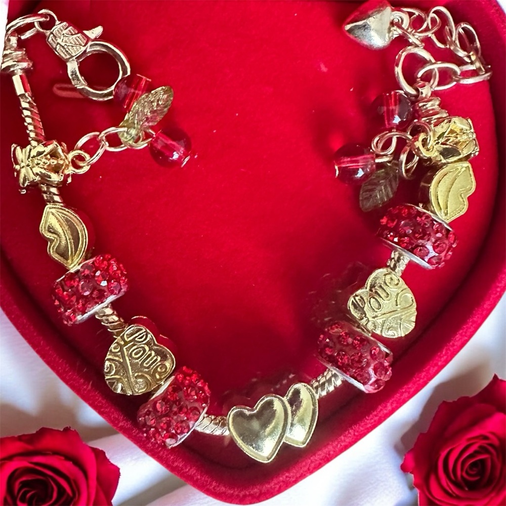 Handmade Elegant Red and Gold Charm Bracelet